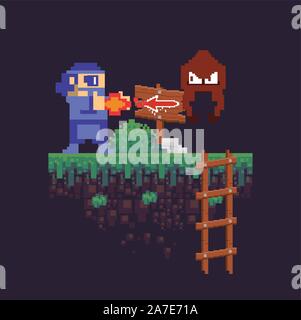 video game warrior shooting in pixelated scene Stock Vector