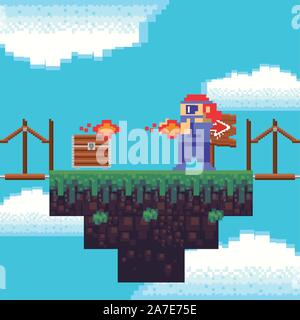 video game warrior shooting weapon in pixelated scene Stock Vector