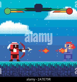 video game warriors in pixelated scene Stock Vector