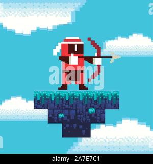 video game archery warrior in pixelated scene Stock Vector