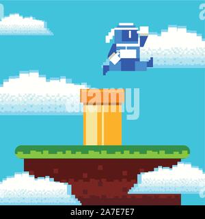 video game ninja warrior in pixelated scene Stock Vector