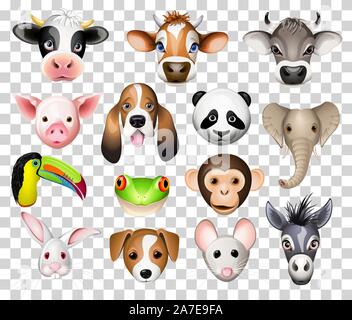 Illustration set of cartoon animals with cow, pig, basset dog, panda, elephant, toucan, frog, donkey, rabbit, mouse and donkey Stock Vector