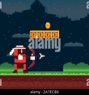video game archery warrior in pixelated scene Stock Vector