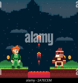 video game warriors in pixelated scene Stock Vector
