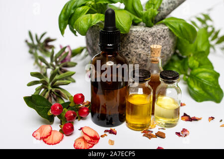 Apothecary, aromatherapy and essential oils on white background. Stock Photo