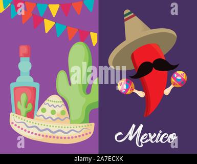 set of viva mexico celebration with chili pepper and icons vector illustration design Stock Vector