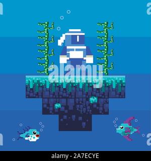 video game ninja warrior in pixelated scene Stock Vector