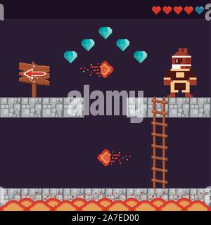 video game warrior in pixelated scene Stock Vector
