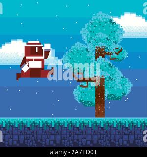 video game warrior in pixelated scene Stock Vector