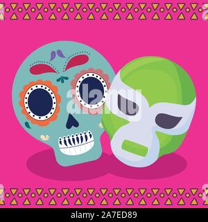 viva mexico celebration with skull and mask fighter vector illustration design Stock Vector