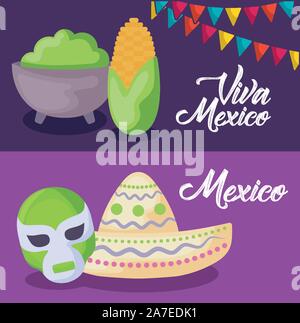 set of viva mexico celebration with hat and icons vector illustration design Stock Vector