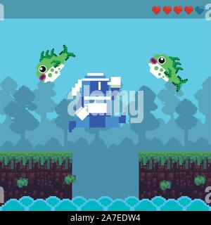 video game ninja warrior in pixelated scene Stock Vector
