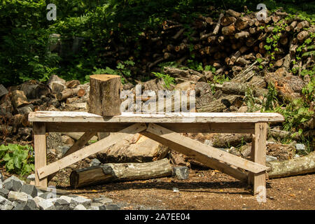Preparation for the heating season. Chopped wood close-up. Brown colors. Background, texture. Vertical Stock Photo