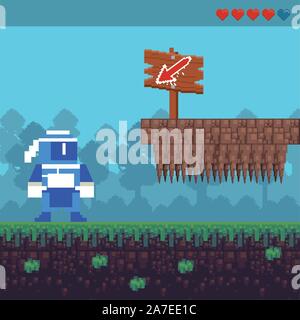 video game ninja warrior in pixelated scene Stock Vector