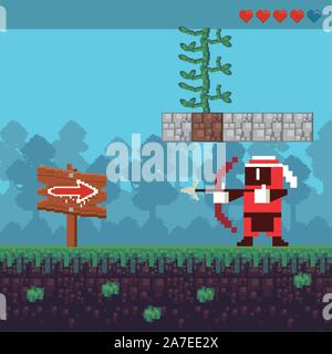 video game archery warrior in pixelated scene Stock Vector