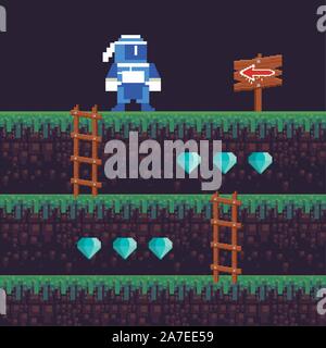 video game ninja warrior in pixelated scene Stock Vector