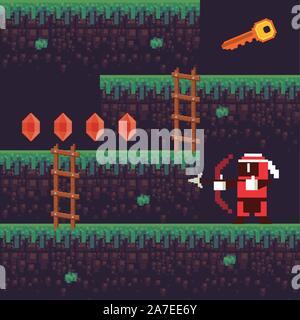 video game archery warrior in pixelated scene Stock Vector