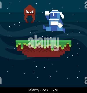 video game warrior jumping in pixelated scene Stock Vector