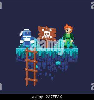 video game warriors in pixelated scene Stock Vector