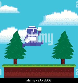 video game warrior jumping in pixelated scene Stock Vector