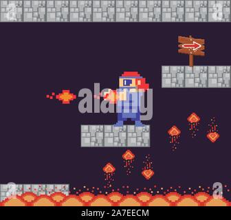 video game warrior shooting in pixelated scene Stock Vector