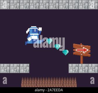 video game warrior jumping in pixelated scene Stock Vector