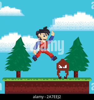 video game warrior jumping in pixelated scene Stock Vector