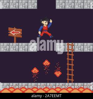 video game warrior jumping in pixelated scene Stock Vector