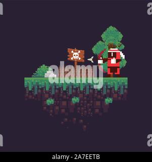 video game archery warrior in pixelated scene Stock Vector