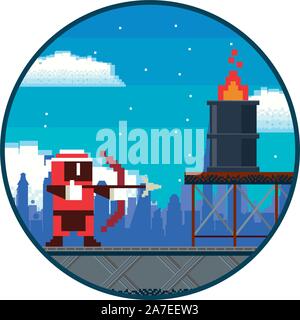 video game archery warrior in pixelated scene Stock Vector