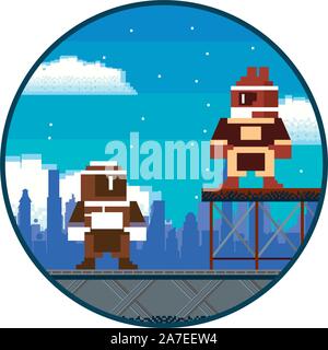 video game warriors in pixelated scene Stock Vector