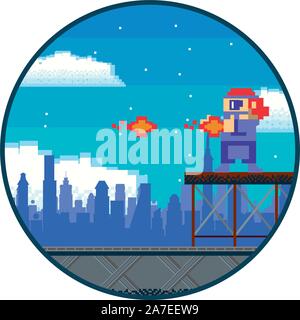 video game warrior shooting in pixelated scene Stock Vector