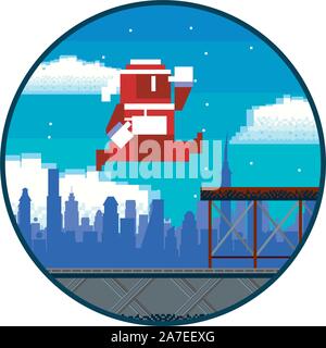 video game warrior jumping in pixelated scene Stock Vector