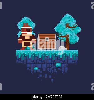 video game warrior with treasure chest in pixelated scene Stock Vector