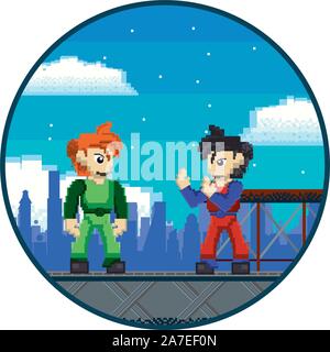 video game warriors in pixelated scene Stock Vector