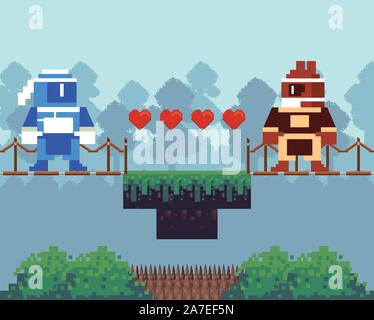 video game warriors in pixelated scene Stock Vector