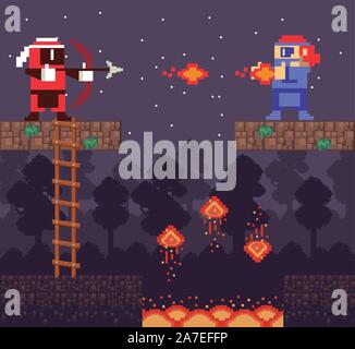 video game warrior shooting in pixelated scene Stock Vector