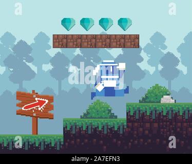 video game warrior jumping in pixelated scene Stock Vector