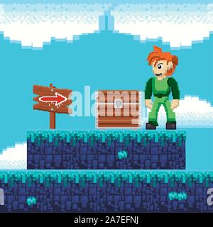 video game warrior with treasure chest in pixelated scene Stock Vector
