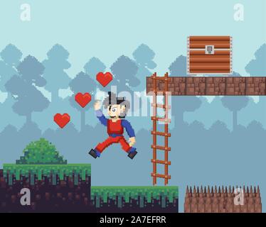 video game warrior jumping in pixelated scene Stock Vector