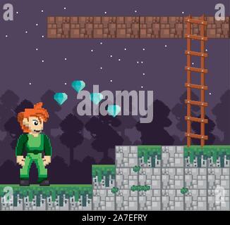 video game warriors in pixelated scene Stock Vector