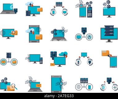 bundle of data center transfer information icons Stock Vector