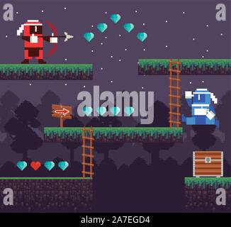video game archery warrior in pixelated scene Stock Vector