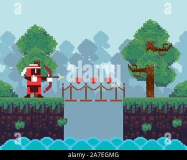 video game archery warrior in pixelated scene Stock Vector
