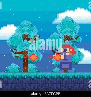 video game warrior shooting in pixelated scene Stock Vector