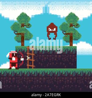video game archery warrior in pixelated scene Stock Vector