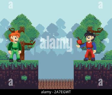 video game warriors in pixelated scene Stock Vector