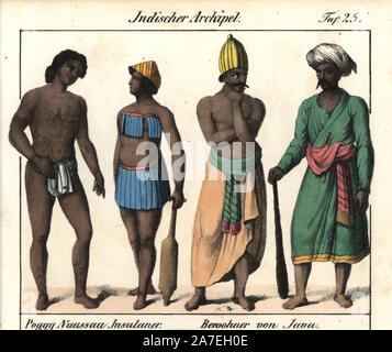 Islanders with tattoos from the islands of Poggy and Naussau, off Sumatra, and natives of Java, Indonesia. Handcoloured lithograph from Friedrich Wilhelm Goedsche's 'Vollstaendige Völkergallerie in getreuen Abbildungen' (Complete Gallery of Peoples in True Pictures), Meissen, circa 1835-1840. Goedsche (1785-1863) was a German writer, bookseller and publisher in Meissen. Many of the illustrations were adapted from Bertuch's 'Bilderbuch fur Kinder' and others. Stock Photo