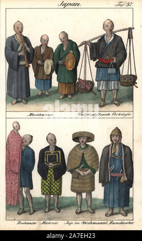 Costumes of Japan circa 1800, including three musicians with cymbal, drum and recorder, a seller of whale meat, a shop assistant with kimono, a sailor, a man in straw clothes, and a craftsman. Handcoloured lithograph from Friedrich Wilhelm Goedsche's 'Vollstaendige Völkergallerie in getreuen Abbildungen' (Complete Gallery of Peoples in True Pictures), Meissen, circa 1835-1840. Goedsche (1785-1863) was a German writer, bookseller and publisher in Meissen. Many of the illustrations were adapted from Bertuch's 'Bilderbuch fur Kinder' and others. Stock Photo