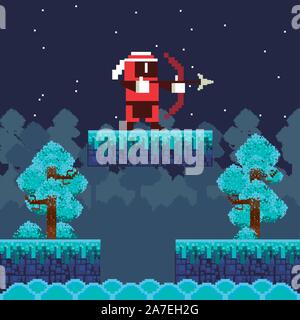 video game archery warrior in pixelated scene Stock Vector